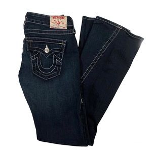 True Religion Joey Boot Cut Jeans Low Rise White Stitching Wide Leg Size 28